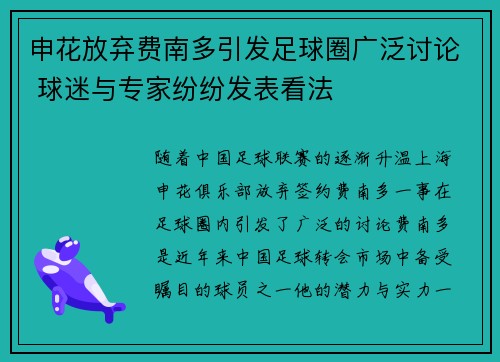 申花放弃费南多引发足球圈广泛讨论 球迷与专家纷纷发表看法
